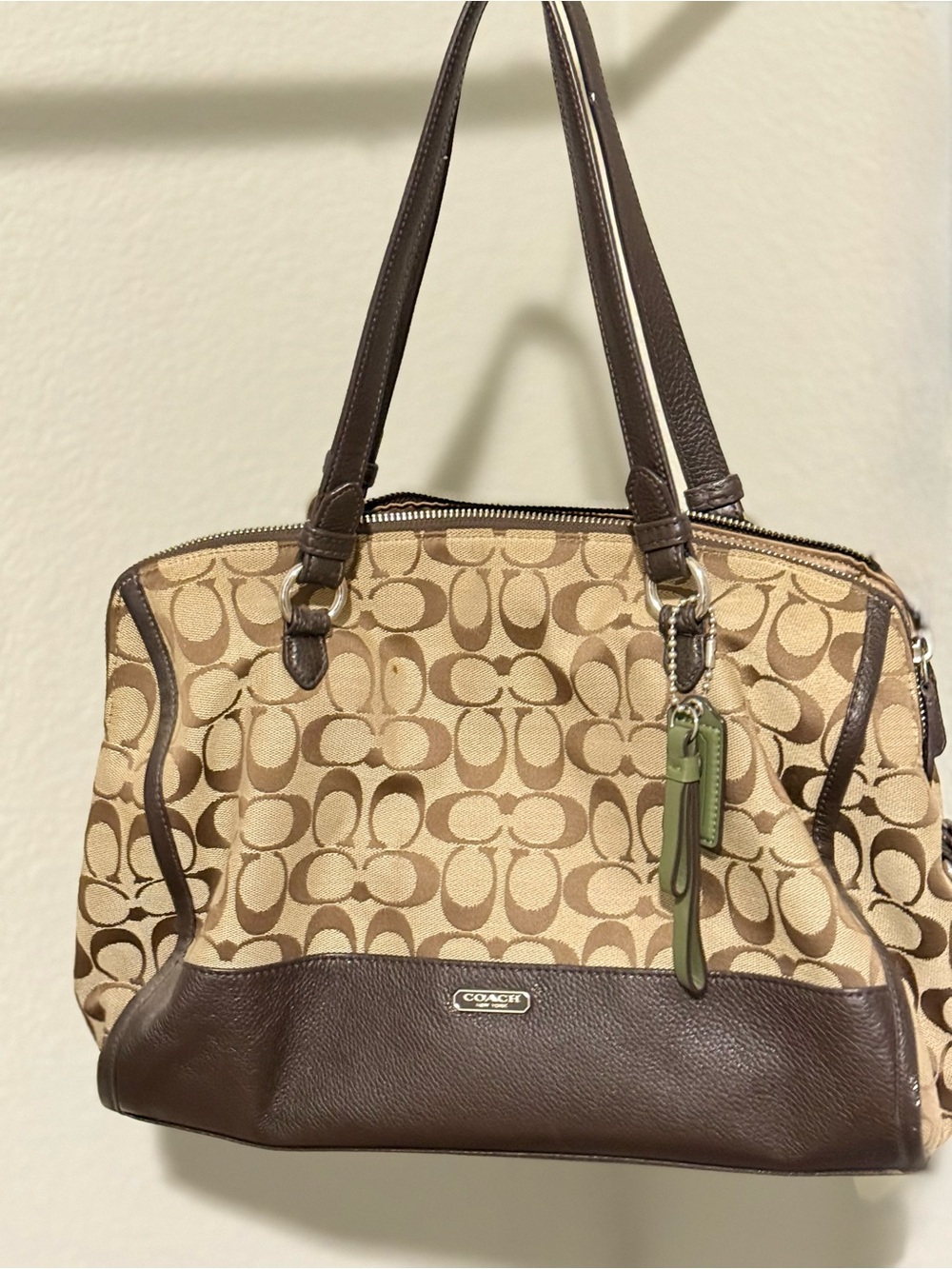 Coach Beige Signature Canvas Shoulder Bag with Brown Leather Trim